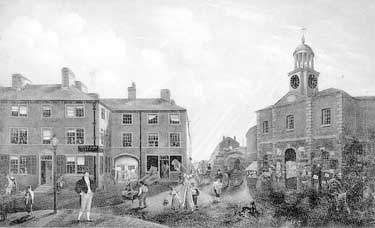 Drawing of Cloth Hall, Market Street: the Ramsdens, Huddersfield's main landowners, had promoted the Cloth Hall, built 1756, to encourage the growth of the local textile industry.