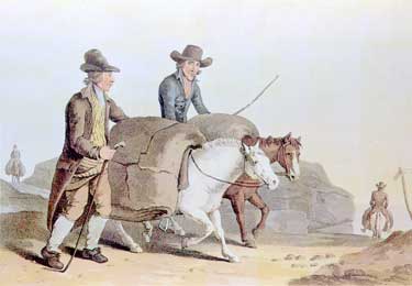 Painting of West Riding Clothiers transporting their woven cloth to Cloth Halls of Leeds or Huddersfield (etching from George Walker's 'Costume of Yorkshire' 1814