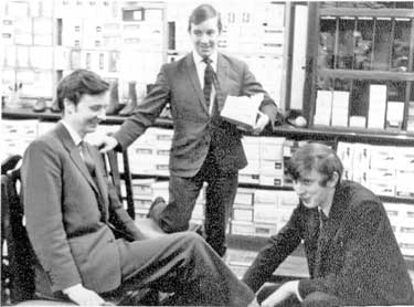 Thomas Walker Shoe Shop,Cross Church Street: members of staff - Stephen Armitage on left, Philip Haigh in middle, Philip Ward on right
