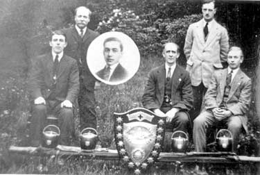 Emley Moor Ambulance Team for Emley Colliery: from the left is Mr Fox, Alan Jessop, Harry Scargill (seated), Mr Spedding, Mason Exley (seated)