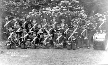 Emley Brass Band: Old Spec Parker 2nd from left on back row who was a well known character of the village and gave his support to the band. The Band was formed in 1876 and was the first to perform at