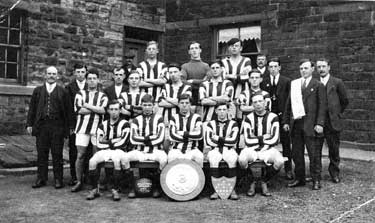 Emley Moor Junior Football Team 1920-21; back row, W Wilkinson, J Wood, G Oakley; middle row, G Dickinson, H Jessop, G Sykes, Cox, N Hirst, H Lodge, C Mountain, N Williams, N Mountain, G Broadley; fro