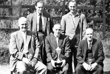 Emley Reading Rooms Billiard Team: back row L to R, Lesley Wilkinson, Colin Froggett; front row L to R, A Mountain, C Haigh, F Clegg. The Reading Rooms are now home to Girl Guides and Brownies.