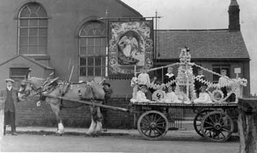 Band of Hope float outside the Wesleyan Reform Church, Upper Lane, Emley - the Church was built in 1854 at the cost of £52.00. The chapel took six weeks to build, by a Kirkburton contractor, Mr William Deeds.
