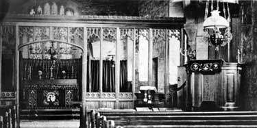 Emley Church interior: electric lighting took the place of old oil lamps in 1927