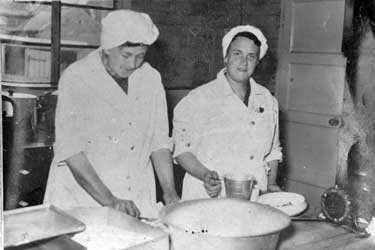 Emley First School kitchen: Mrs Marion Walker and Mrs E Beckwith were the first dinner ladies at the school in 1943