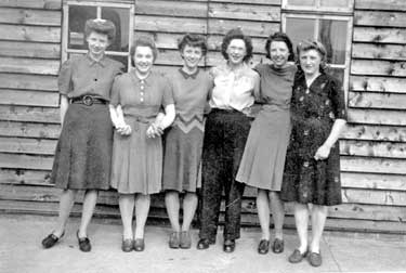 WW2 Home Front: Women's Land Army - Betty Farrance (2nd from right) with colleagues outside the hostel at Leeming Bar, North Yorkshire.