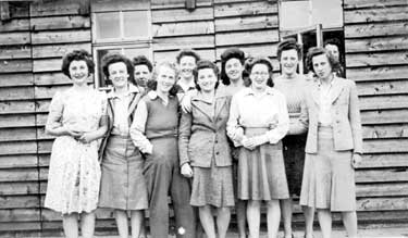 WW2 Home Front: Women's Land Army - Betty Farrance (3rd from left) with colleagues outside the hostel at Leeming Bar, North Yorkshire.