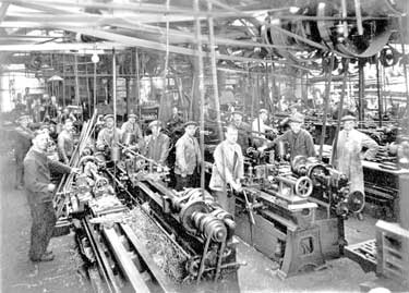 John Haigh & Sons Ltd: Portion of Machine Shop, Albert Sykes 2nd from right, Fred Worthington 1st left, Percy Holmes 2nd from left