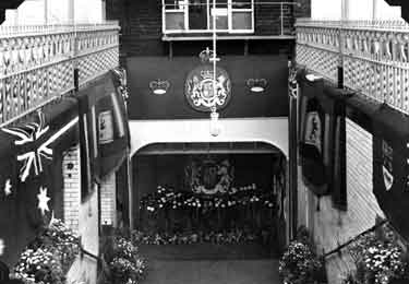 Dewsbuy Station decorated for the visit of Queen Elizabeth 11 and the Duke of Edinburgh