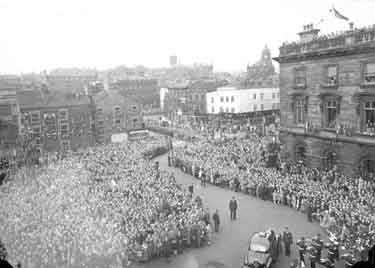 Crowds watching the Queen leave along Long Causeway and Market Place, Dewsbury - veiwed from the Town Hall