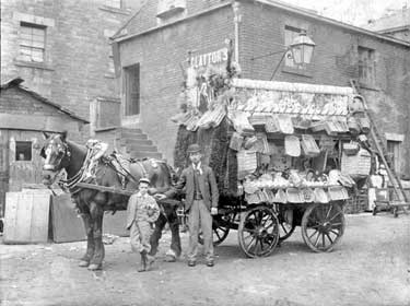 Celebrating Queen Victoria's Diamond Jubilee - Clayton's horse-drawn cart, Town Street, Batley Carr. Clayton's had a glass and china round, a family business run by a Mother and her six sons and one son-in-law. Each had their own horse and cart and a designated district to trade in. Walter Broomhead (son-in-law) is featured on this photograph. 