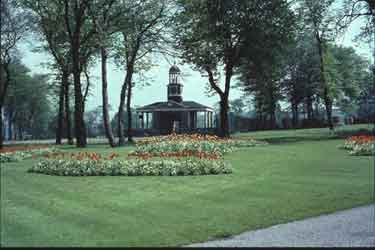 Flowerbeds at Ravensknowle Park, with the Cloth Hall Tower in the background, Huddersfield
