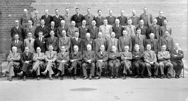 Brook Motors Limited: Group Conference - back row from left Wilf Brian, Norman Boothroyd, Ron Spence, Ken Broom, ?, Brailsford Sykes, Reg Walkden, Willie Ward, ?, ?, Jack Berry, ?, Geoff Williams; 2nd