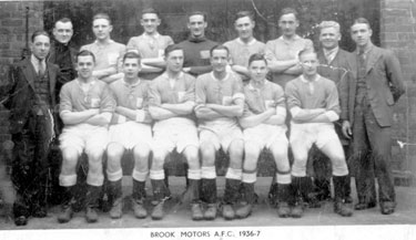 Brook Motors Limited: A.F.C., back row H Bradley (Comm), G Furniss, A Coxon, J Mallinson, A Richardson, A Cooksly, C Broadbent; front row, E Mills (Comm), E Brook, E Milnes, C Dyson, J Wilcock (Capt),