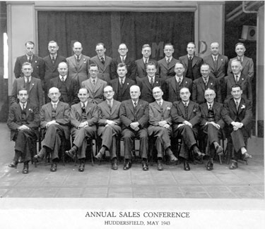 Brook Motors Limited: Annual Sales Conference - back row from left, Tommy Herd, Jim Swain, Wilf Brian, Eric Winterbottom, ?, Hodson?, Ernest Reader, Harold Frith, ?, Bert Lee; middle row Ted Warren, G