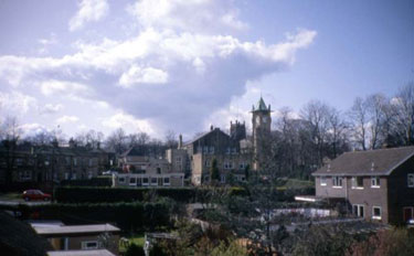 Greenhead Park - view of nearby gardens, and Lindley Clock Tower.