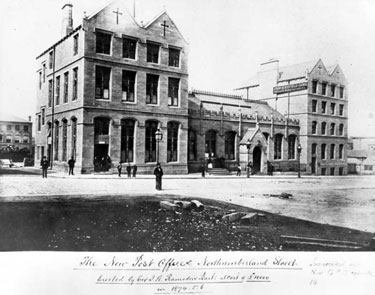 The New Post Office Buildings, Northumberland Street, Huddersfield - erected by Sir I.M. Ramsden Bart, at a cost of £11,000.00 on the 6th May 1874.