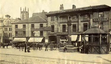 Market Place, Huddersfield - with rank of horse cabs.