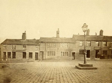 Beast Market, Huddersfield - the houses standing between the Royal Oak pub and Elam's Surgical Mechanist were demolished in 1886.
