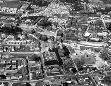 Areal shot of Batley - Batley Town Centre. Market Place in the centre of the photograph.