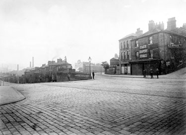 Looking down Chapel Hill and along Manchester Road, also showing corner of South Parade, Huddersfield.