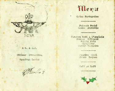 Wartime Archive of Reg Stone of Skelmanthorpe: Aircraft Repair and Salvage Station, Dacca, East Bengal. R.A.F. India Christmas Dinner Menu – inside centre pages.