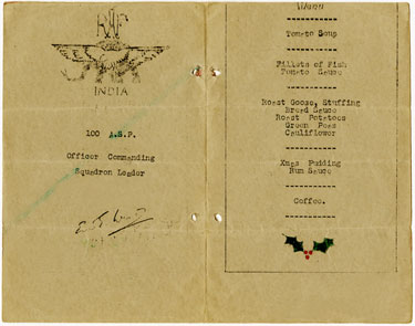 Wartime Archive of Reg Stone of Skelmanthorpe: Aircraft Repair and Salvage Station, Comilla, East Bengal. R.A.F. India Christmas Dinner Menu – inside centre pages. 