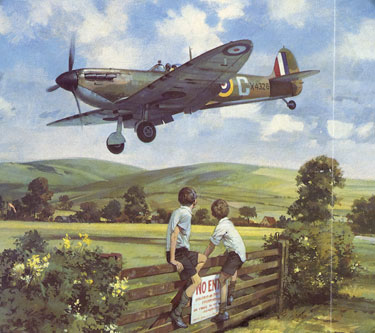 Wartime Archive of Reg Stone of Skelmanthorpe: Print of a painting showing two boys seated on a fence watching a WW2 fighter plane go by.