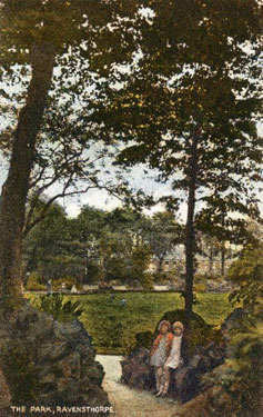 A collection of twelve colour postcards, comprising of various views of Ravensthorpe - The Park, Ravensthorpe (two young girls seated under a pine tree). 