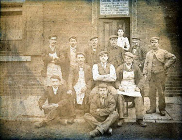 Group Photograph - taken outside a public house. The pub is licensed to Samuel Rushforth.