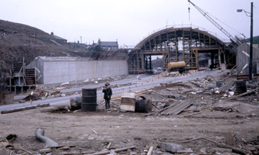 The construction of the Outlane to Hartshead section of the M62 Motorway - Whitehaughs Arch, Ainley Top.