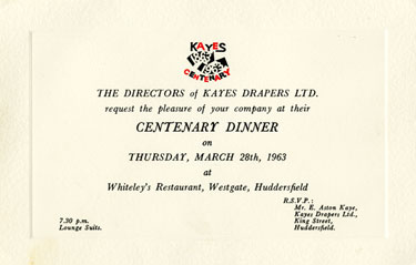 Invitation to Kayes 1863-1963 Centenary Dinner at Whiteley's Restaurant, Westgate, Huddersfield.