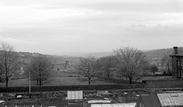 View towards Commercial Mill, Milnsbridge, Huddersfield - Allotments and Botham Hall can be seen in the foreground.