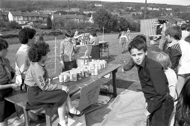 Girl Guides of St. Mark's Church, Longwood, Huddersfield at a local event - Field behind Leymoor Road, Side Lane behind, also mill chimneys, Joseph Hoyle's on the left and C & J Hirst's on the right.