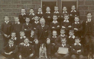 Shelley Council School - Group Photograph including Headmaster Mr John Beddard seated in the centre of the image with dog.