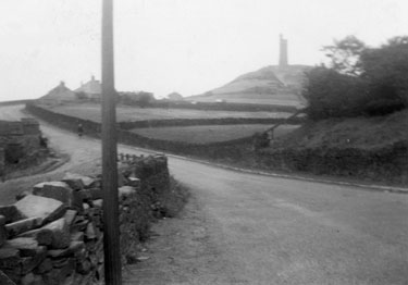 View of Castle Hill and Ashes Lane from the entrance to Castle Houses' Farm, Huddersfield.
