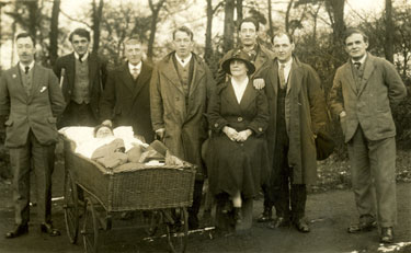 Military Hospital in Leeds, World War One - Gordon Donaldson recuperating in a wicker bed on wheels.