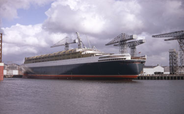 RMS Queen Elizabeth 2 in the John Brown Shipyard, belonging to Upper Clyde Shipbuilders, in Clydebank, Scotland.