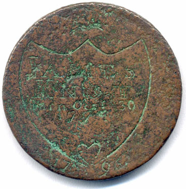 A bronze Anglesey 'Druid penny', produced by the Parys Mine Company circa 1787, which has been polished on one side in order to produce a memento; on the reverse is a shield commemorating the birth of James Knot 1774; the obverse commemorates the death of Ester Knot in 1794 - the faint image of the hooded druid on the original token is still faintly visible, surrounded by the added text.
