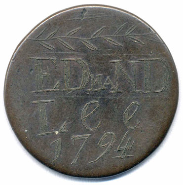 A bronze halfpenny coin which has been polished on both sides in order to produce a memento; on one side is the name Edmand Lee (sic), with the date 1794; on the other side is a crude engraving of flowers in a vase.