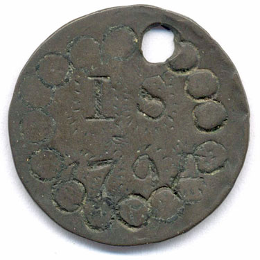 A bronze halfpenny coin which has been polished on both sides in order to produce a love token; on one side is engraved - within a ring of stamped circles - IS above the date 1794; on the other side is a half-finished version of roughly the same design, though here the date appears to be 1795; a hole has been punched towards the edge of the coin; the quality of engraving is poor.