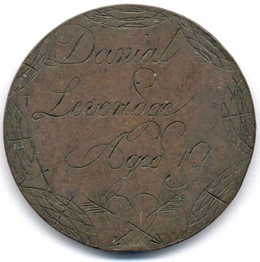 A bronze George III penny coin which has been polished on both sides in order to produce a love token; on one side the name Danial Leveridge 19 has been engraved above a heart pierced by two arrows; the other side has a worn image of George III with some random scratches. If the name Danial Leveridge is accepted with this unusual spelling of the forename, the UK Census for 1841 has a solitary entry: - aged around 40 years and resident at St Mary Newington, Surrey.
