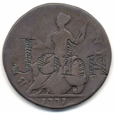 A bronze George III 1771 halfpenny coin which has been modified in order to produce a love token; on the reverse the name John has been engraved upon the partially-removed image of Britannia; the obverse has the worn image of George III.