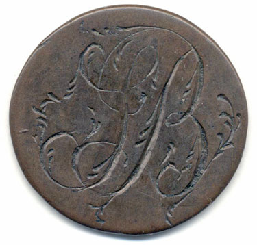 A bronze George III (probably) halfpenny coin which has been modified in order to produce a love token; on one side the cypher SB has been engraved; the other side has the cypher GN.