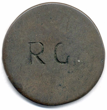 A bronze halfpenny (probably) coin which has been smoothed on both sides in order to produce a love token; one side has been stamped with the letters RG, the other with IS.