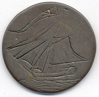 A bronze halfpenny (probably) coin which has been smoothed to make a love token (probably); one side has an engraved sailing boat; the other side has the name 'Job' (probably) above crude bird in a bower.