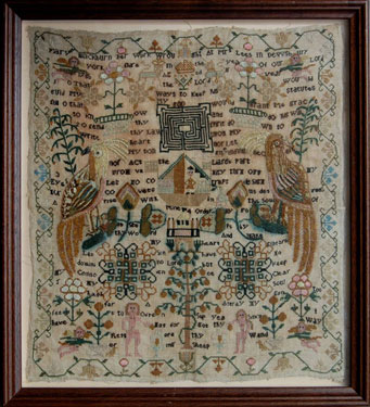 A framed sampler signed by Mary Blackburn at Mrs Lees', Dewsbury, West Yorkshire, 1785. Elaborately decorated including, religious text, maze, Noah's Ark, Adam and Eve. Tree of Life, parrots and cherubs.