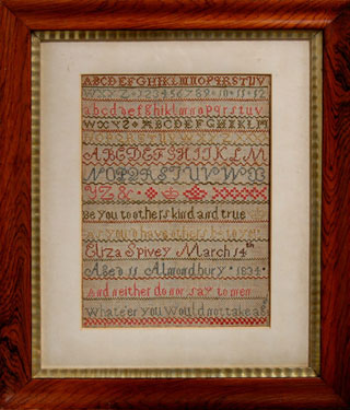 A framed sampler signed Eliza Spivey, 1834. Alphabet, numbers and verse taken from Dr Isaac Watts' 'Divine and Moral Songs for Children'.