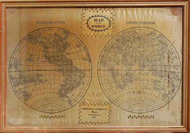 A framed sampler of the globe illustrating eastern and western hemisphere, continental outline, place names, latitude and longitude. Satin ground, silk thread, straight stitch.